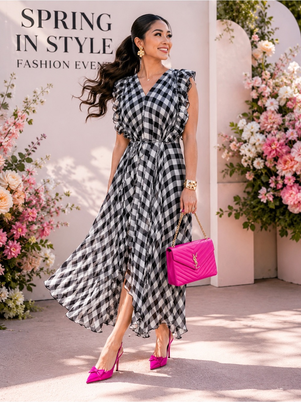 Delfi Collective Gingham Plaid Buffalo Check Long Maxi Dress sz: S Black White
